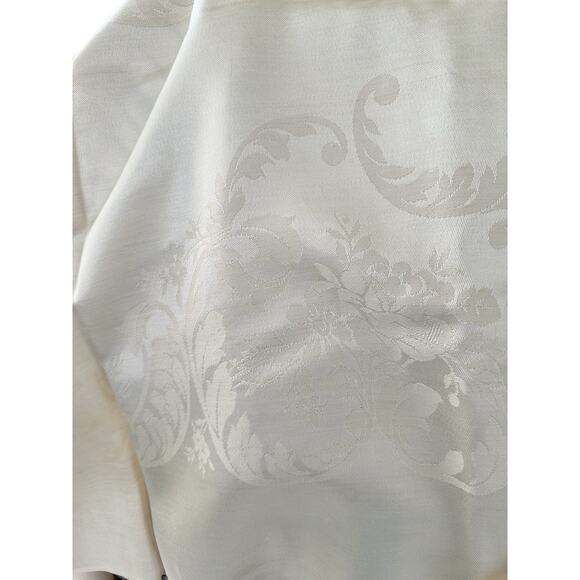 Vtg Beige Linen Double Damask Tablecloth Napkins Floral Garlands Acanthus Leave - Picture 13 of 16